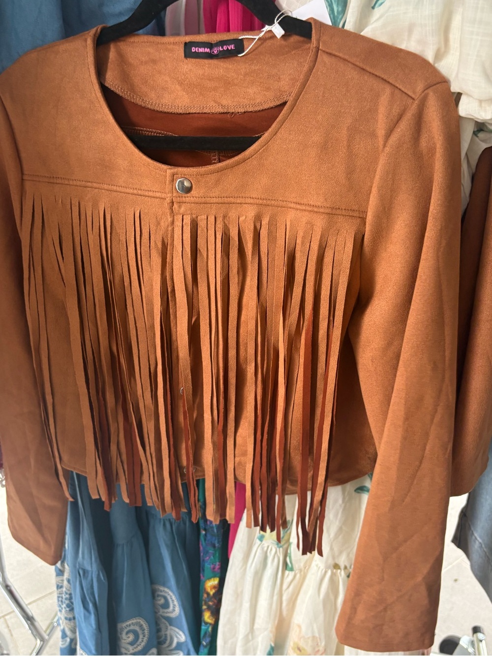 NWT Tan Suede Fringe Jacket for Women. Available in S, M & L.